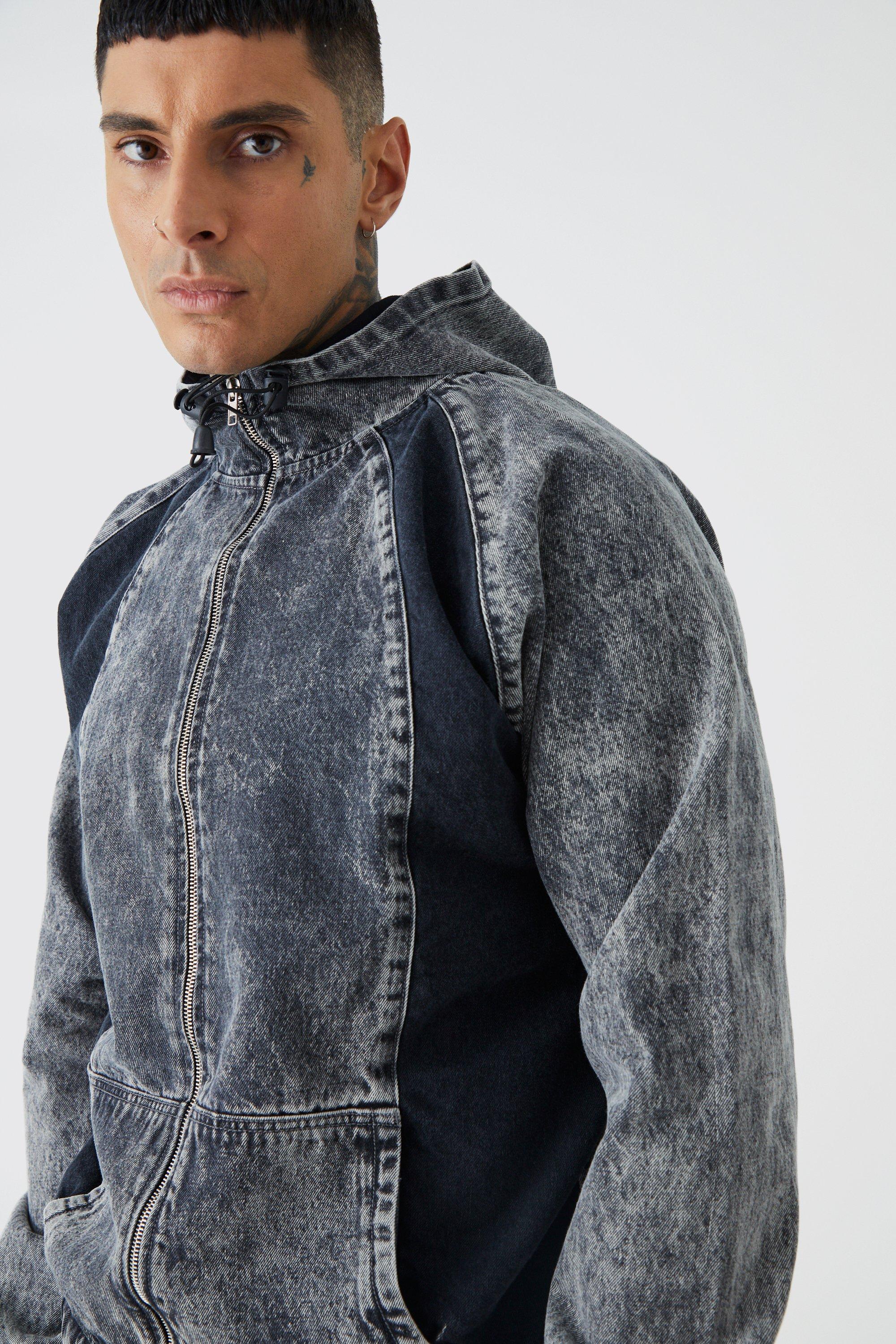 Tall Acid Wash Denim Zip Through Hoodie